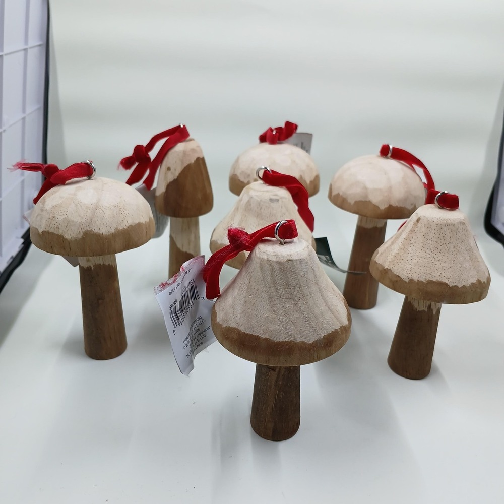 Place & Time Wooden Mushroom Christmas Ornaments Set Of 7 Rustic‎ Decor Holiday